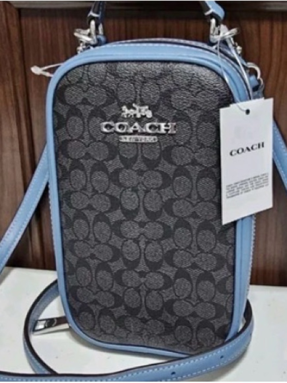 NWT *RARE* Coach Monogram Crossbody in Black with Light Blue Trim